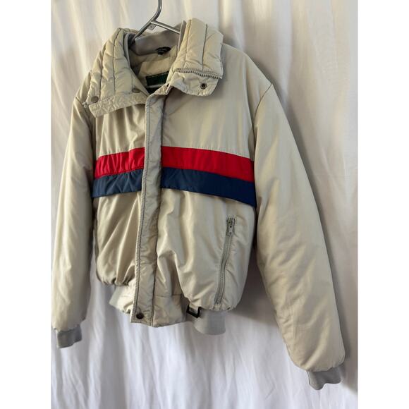 Quail Run Vintage Puffer Coat – Beige with Red and Navy Stripe – Size Medium - Picture 2 of 16